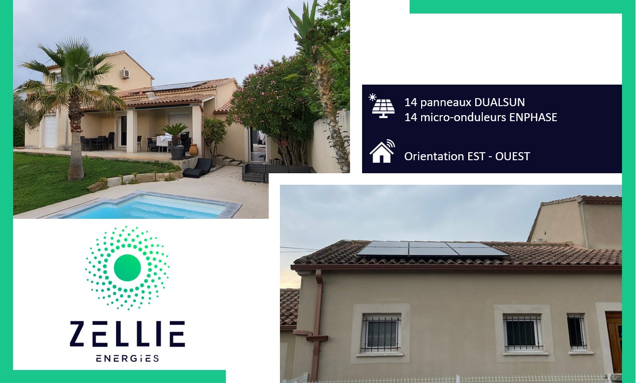 C’est dans le département du Vaucluse que l’on se retrouve de nouveau, plus précisément à Entraigues-sur-la-Sorgue, pour vous dévoiler une de nos installations. Équipés de 14 panneaux DUALSUN avec 14 micro-onduleurs ENPHASE sur deux pans de toit, orientation EST-OUEST.