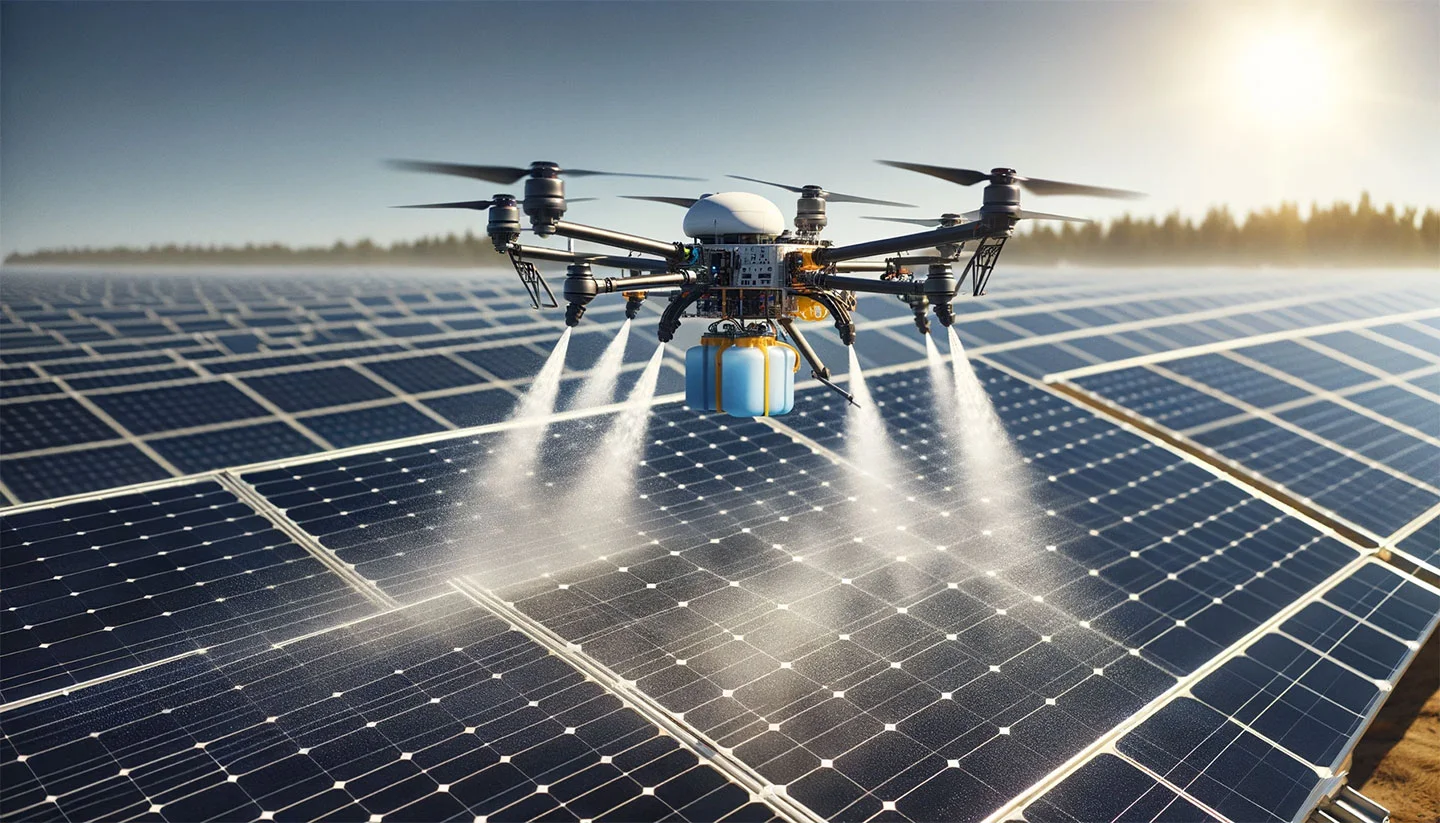 nettoyage des pénaux solaires photovoltaiques avec un drone